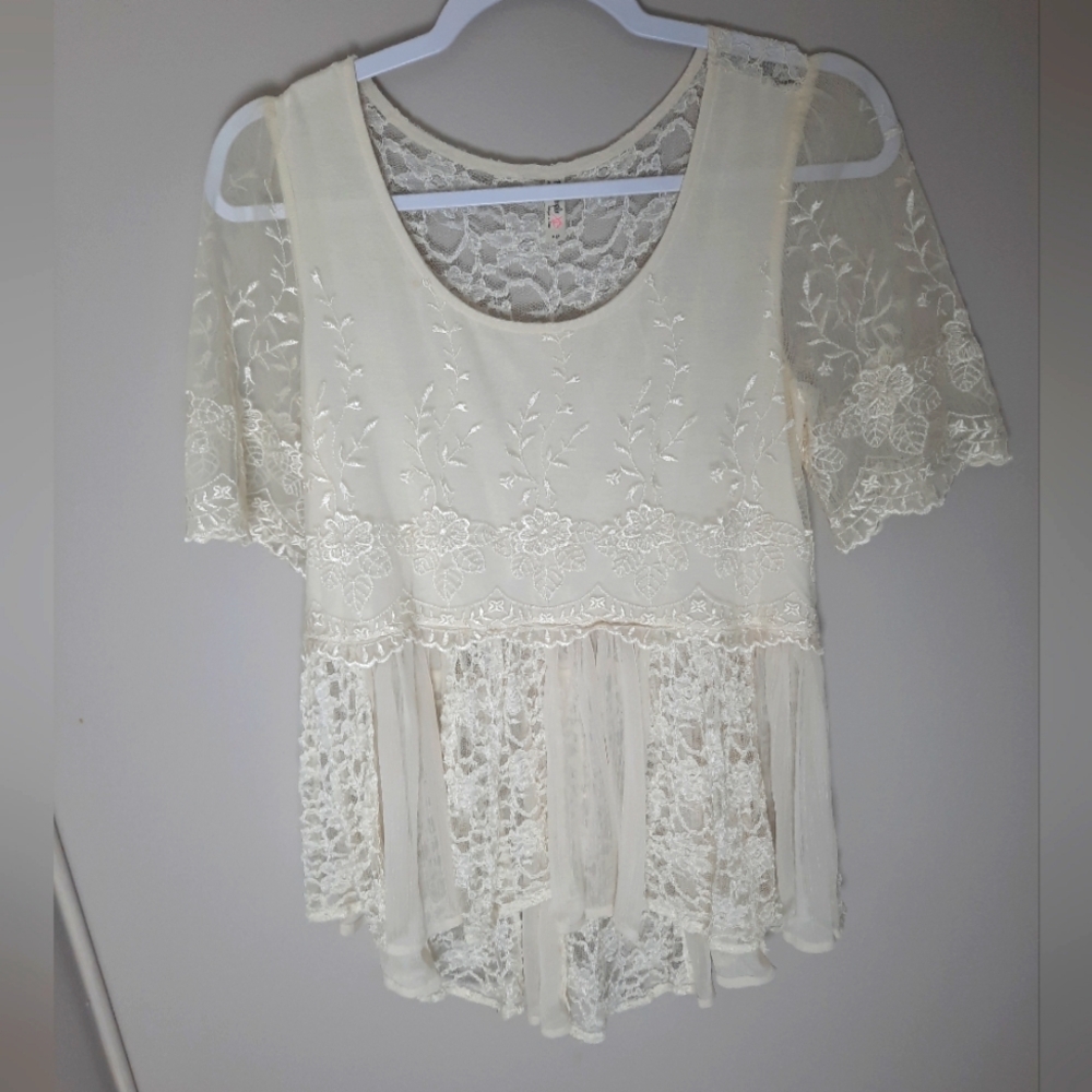 Free People romantic sheer lace ivory top S